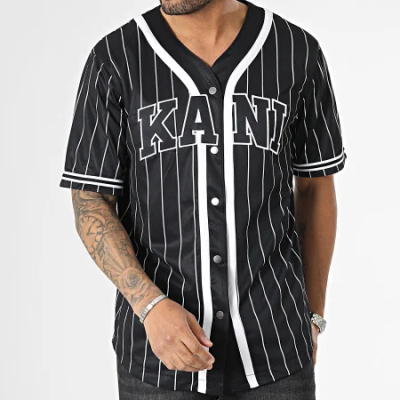  Karl Kani Serif Pinstripe Baseball Shirt Black/White - Μαύρος - Κοντομάνικο μπλουζάκι